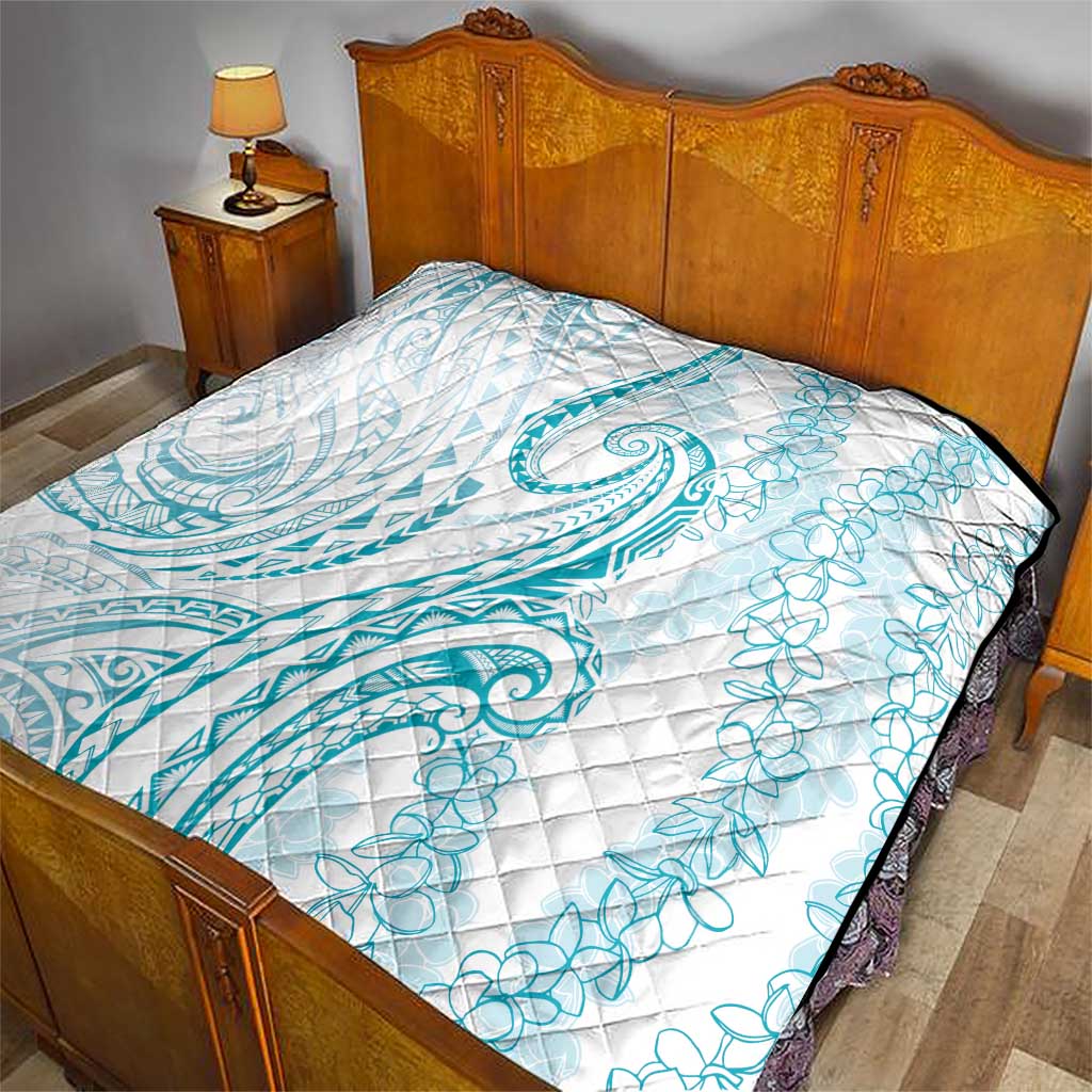 Polynesia Plumeria Lei Quilt White Turquoise Curves Motif