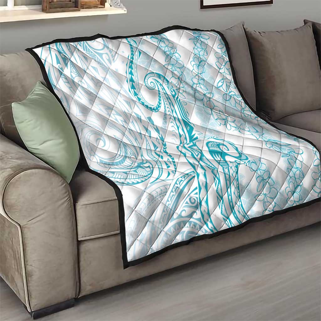 Polynesia Plumeria Lei Quilt White Turquoise Curves Motif