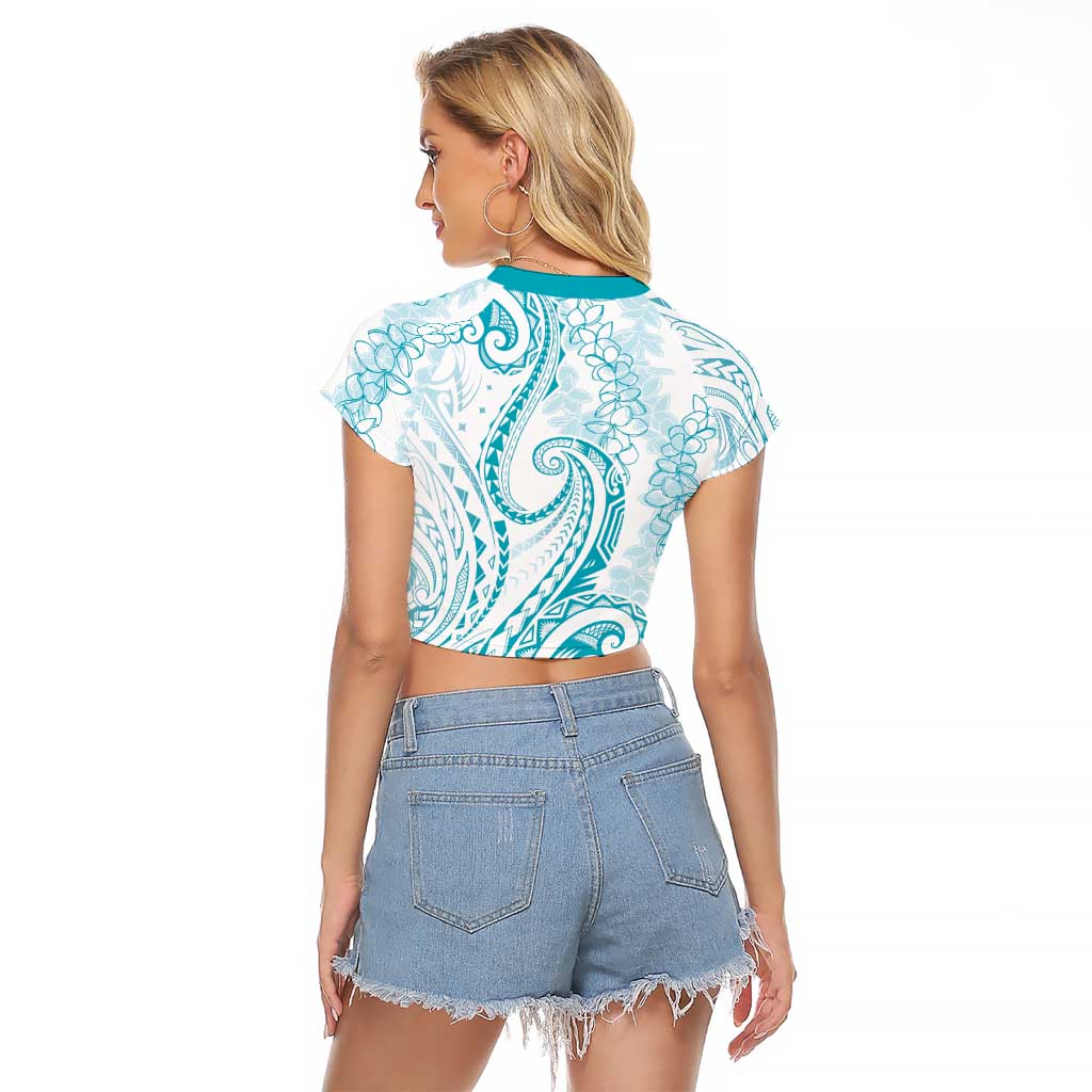 Polynesia Plumeria Lei Raglan Cropped T Shirt White Turquoise Curves Motif LT7 - Polynesian Pride