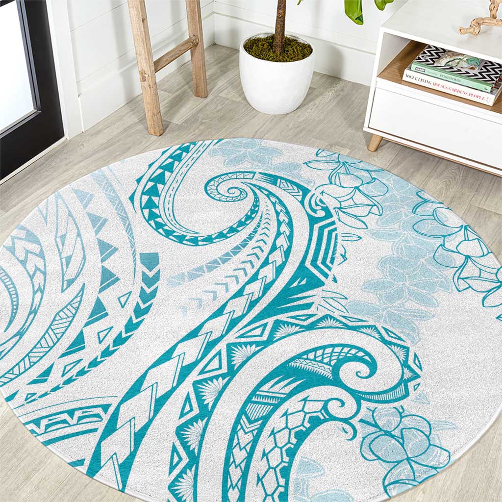 Polynesia Plumeria Lei Round Carpet White Turquoise Curves Motif
