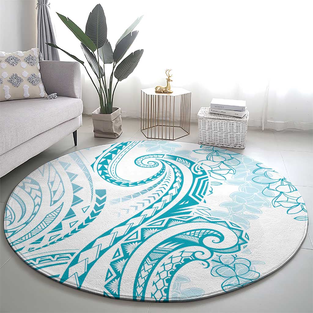 Polynesia Plumeria Lei Round Carpet White Turquoise Curves Motif