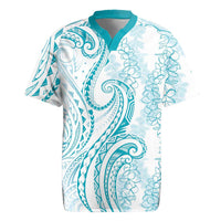 Polynesia Plumeria Lei Rugby Jersey White Turquoise Curves Motif