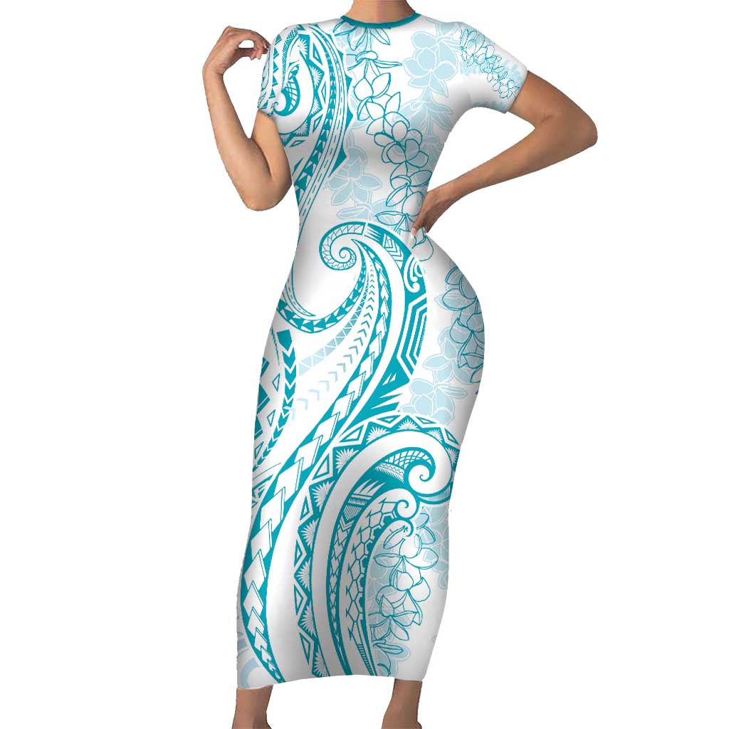 Polynesia Plumeria Lei Short Sleeve Bodycon Dress White Turquoise Curves Motif