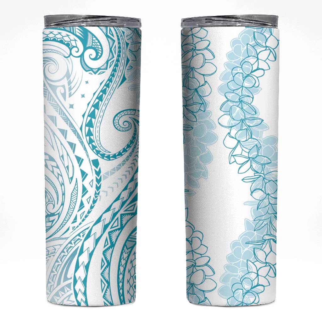 Polynesia Plumeria Lei Skinny Tumbler White Turquoise Curves Motif