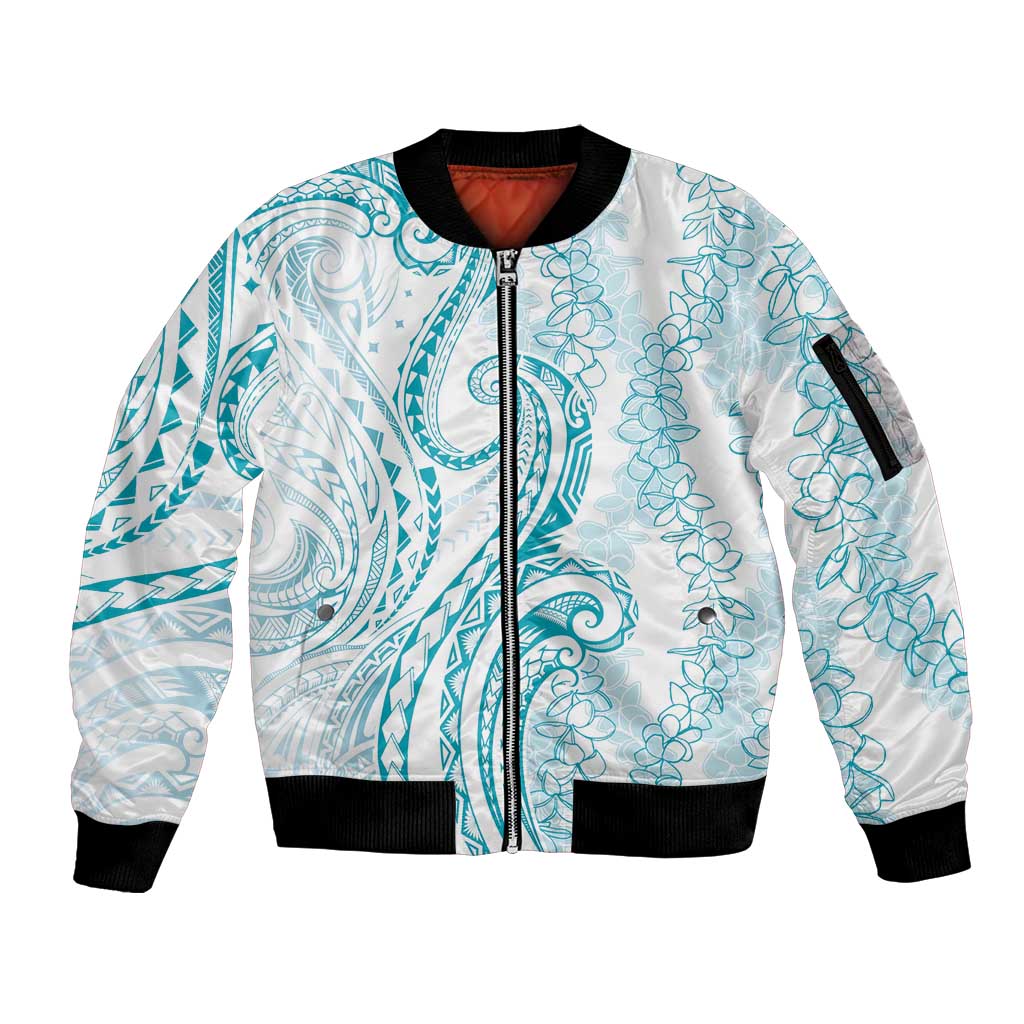 Polynesia Plumeria Lei Sleeve Zip Bomber Jacket White Turquoise Curves Motif