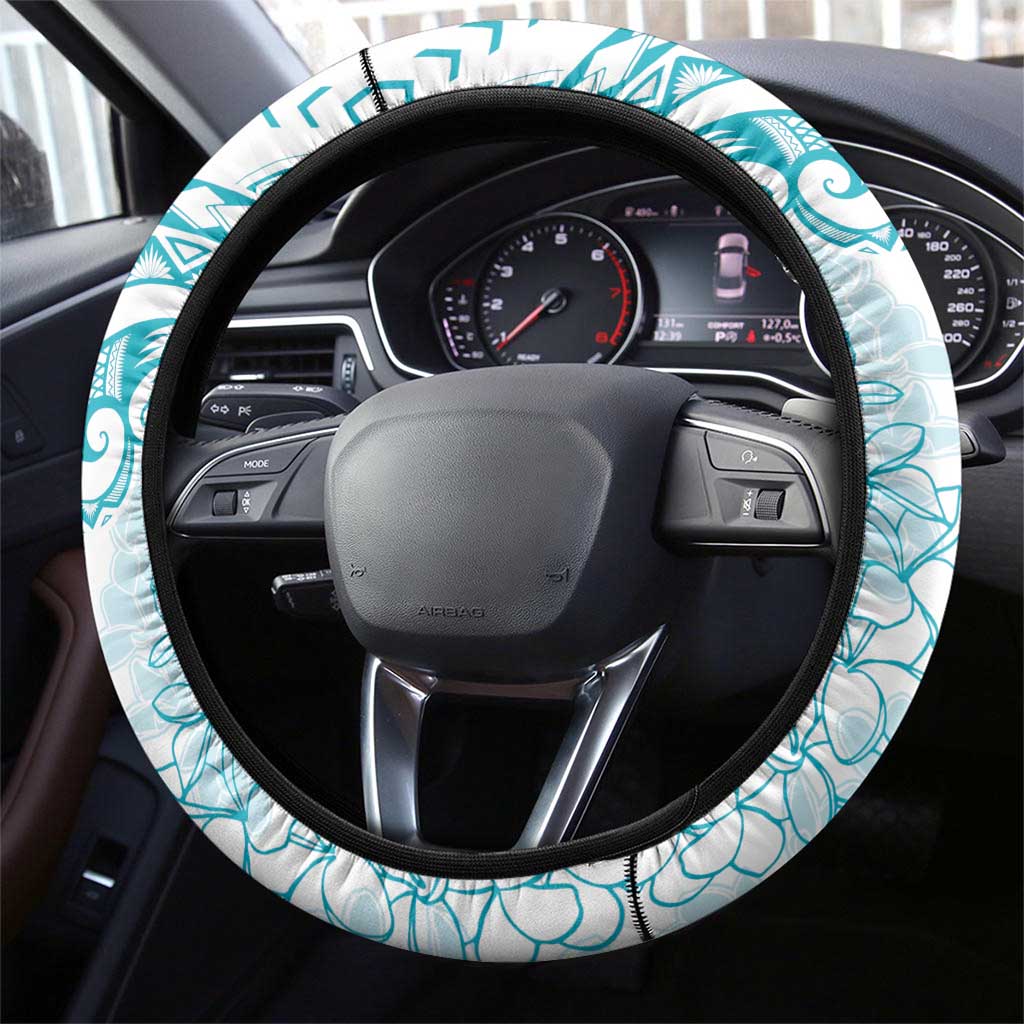 Polynesia Plumeria Lei Steering Wheel Cover White Turquoise Curves Motif
