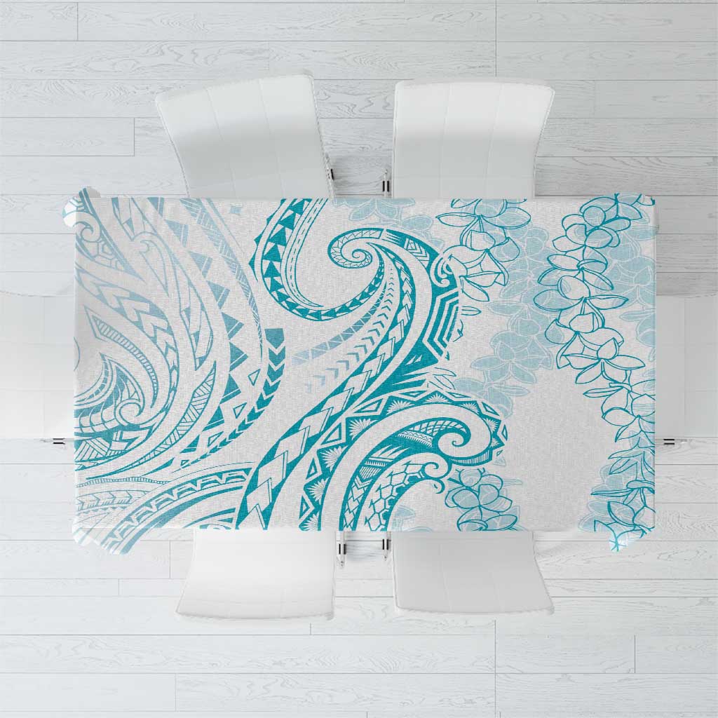 Polynesia Plumeria Lei Tablecloth White Turquoise Curves Motif
