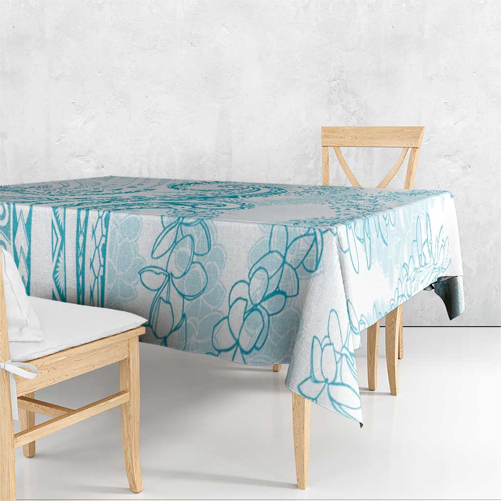 Polynesia Plumeria Lei Tablecloth White Turquoise Curves Motif