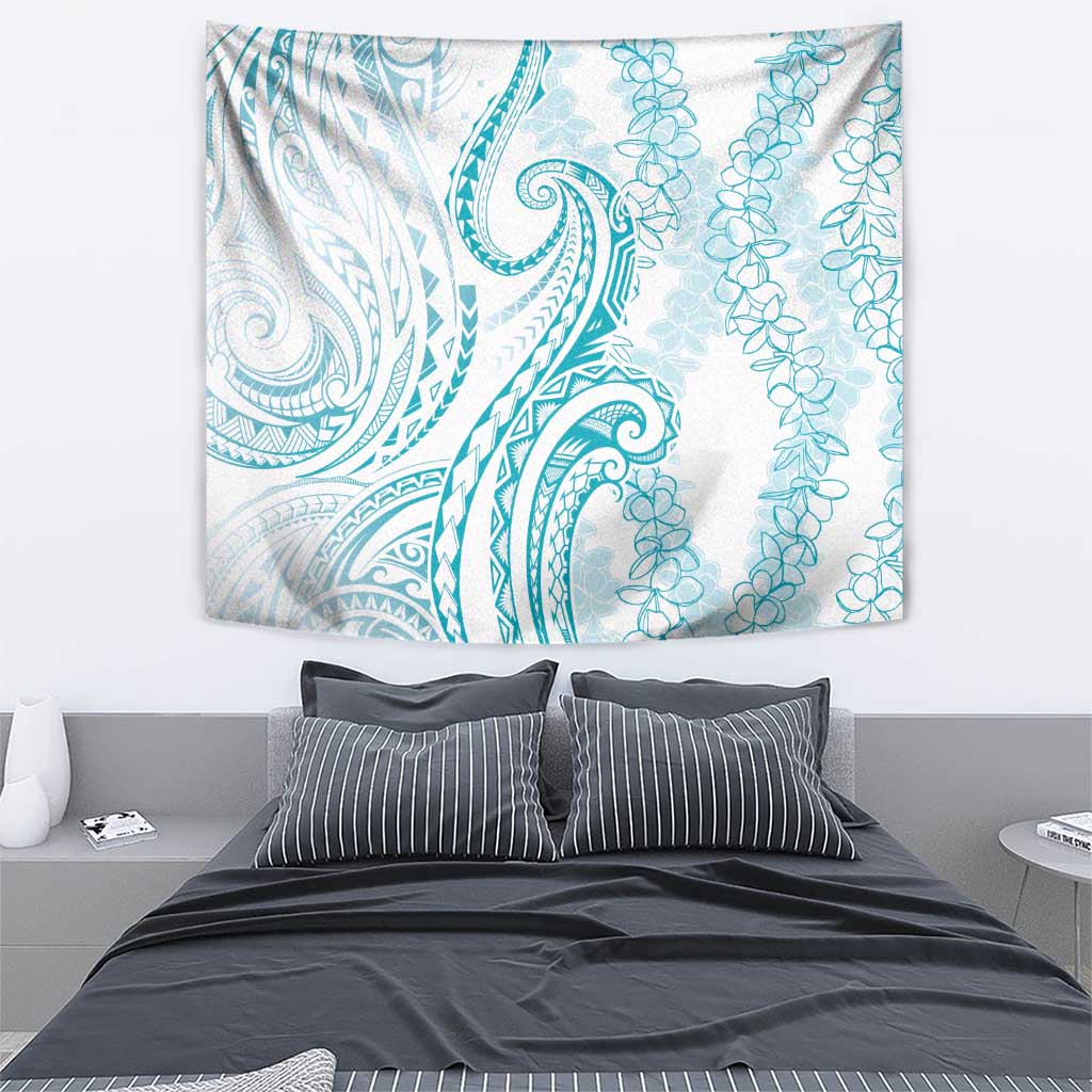 Polynesia Plumeria Lei Tapestry White Turquoise Curves Motif