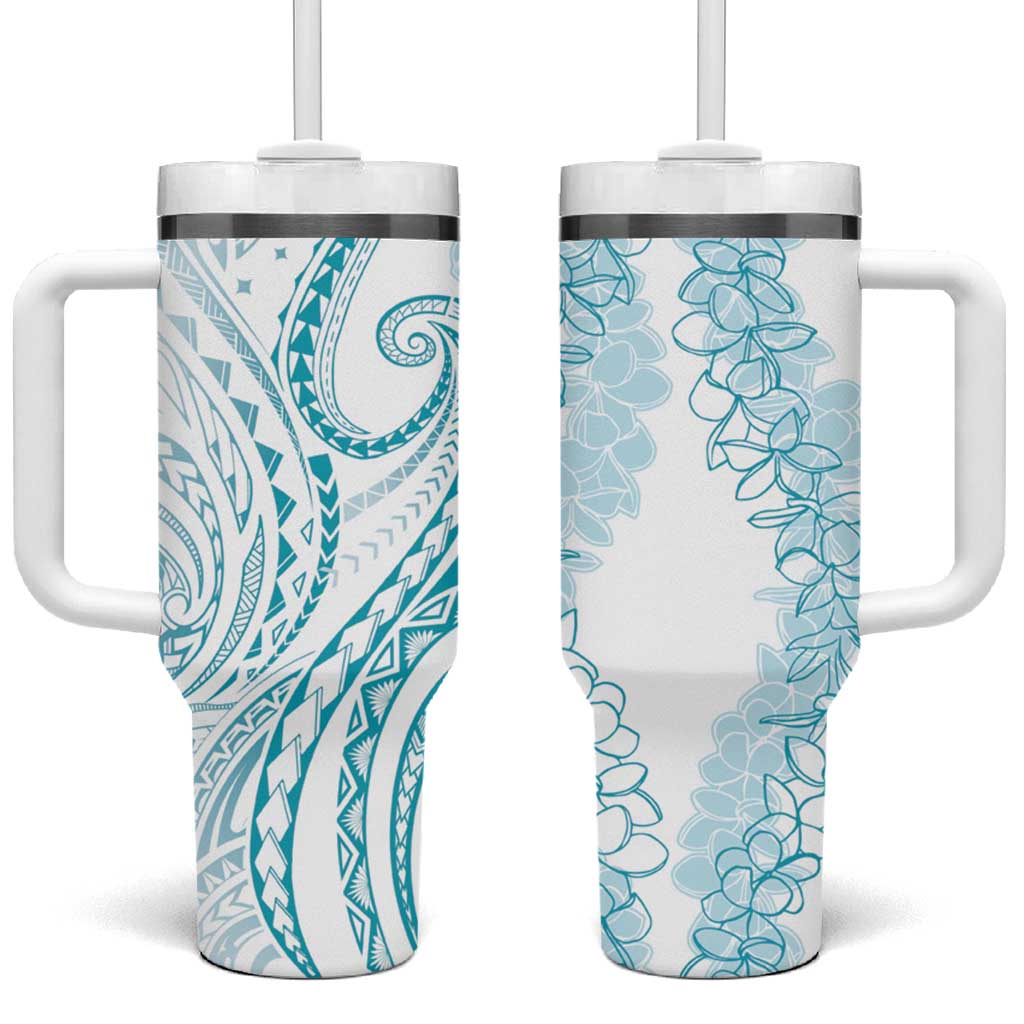 Polynesia Plumeria Lei Tumbler With Handle White Turquoise Curves Motif