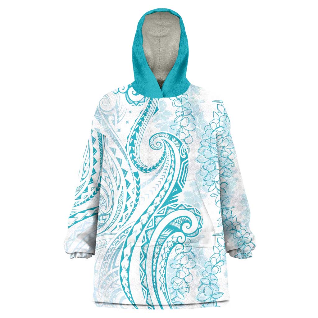 Polynesia Plumeria Lei Wearable Blanket Hoodie White Turquoise Curves Motif
