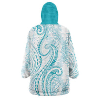Polynesia Plumeria Lei Wearable Blanket Hoodie White Turquoise Curves Motif