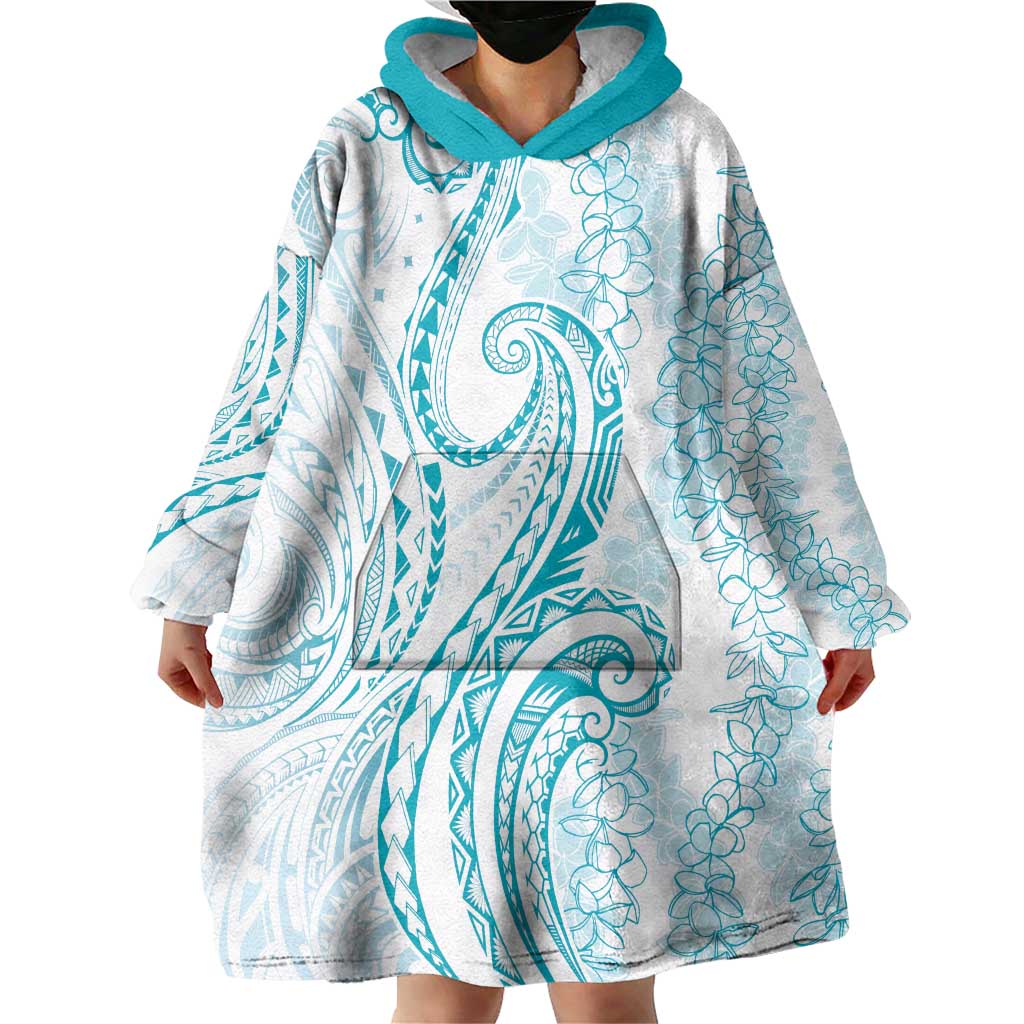 Polynesia Plumeria Lei Wearable Blanket Hoodie White Turquoise Curves Motif