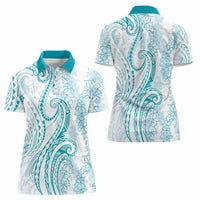 Polynesia Plumeria Lei Women Polo Shirt White Turquoise Curves Motif
