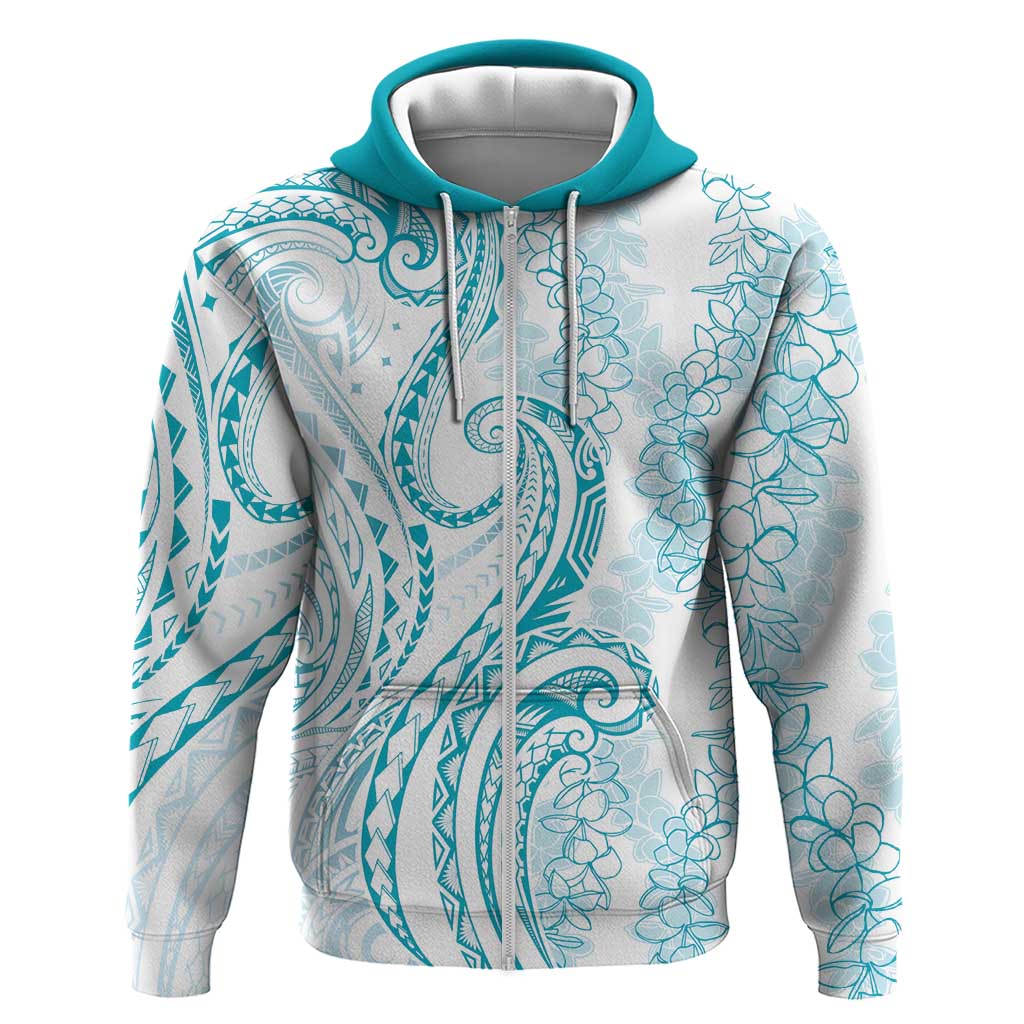 Polynesia Plumeria Lei Zip Hoodie White Turquoise Curves Motif