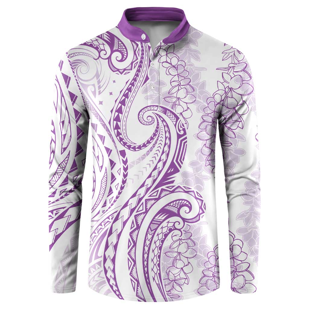 Polynesia Plumeria Lei Button Sweatshirt White Violet Curves Motif