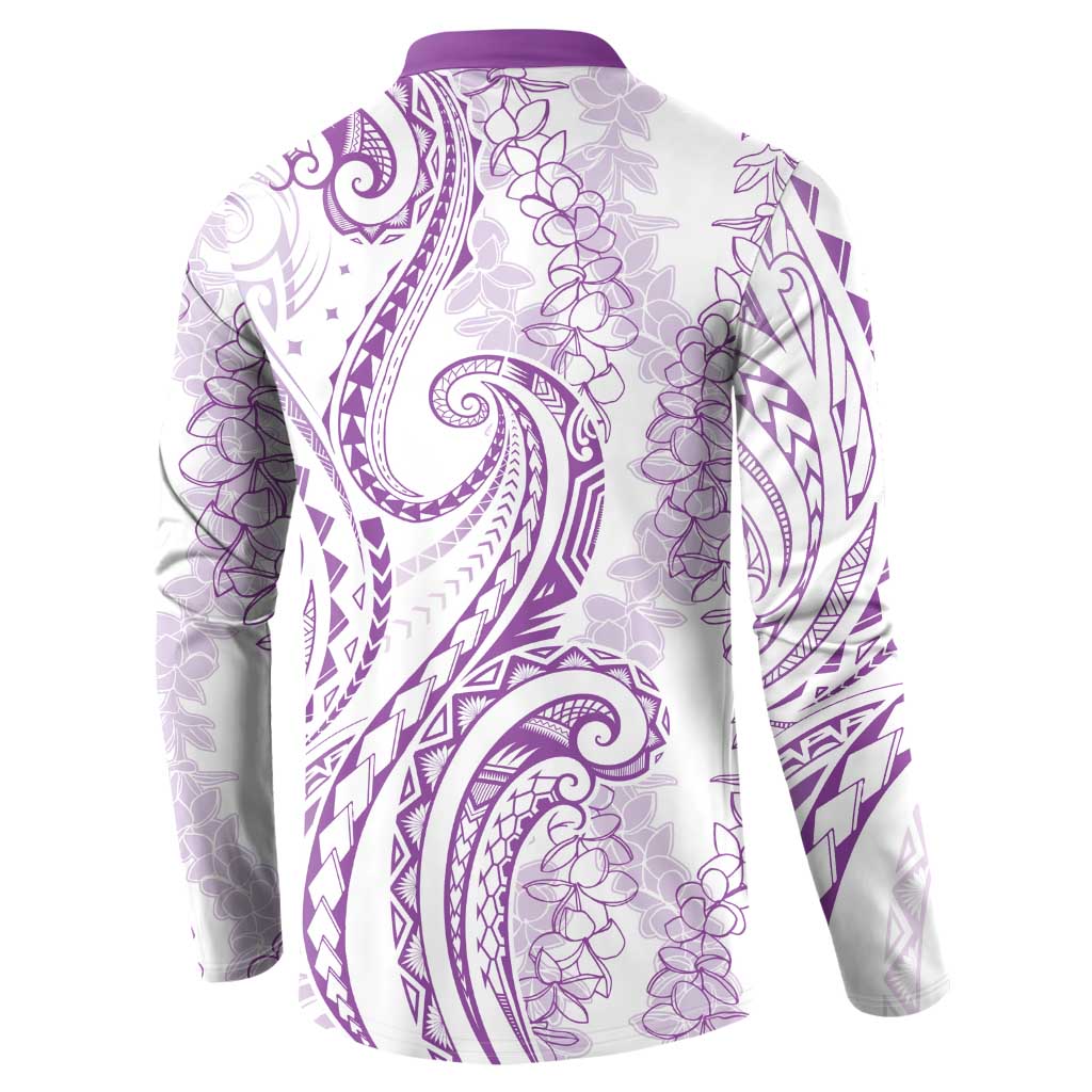 Polynesia Plumeria Lei Button Sweatshirt White Violet Curves Motif