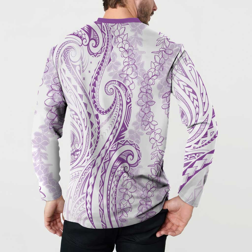 Polynesia Plumeria Lei Button Sweatshirt White Violet Curves Motif