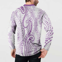 Polynesia Plumeria Lei Button Sweatshirt White Violet Curves Motif