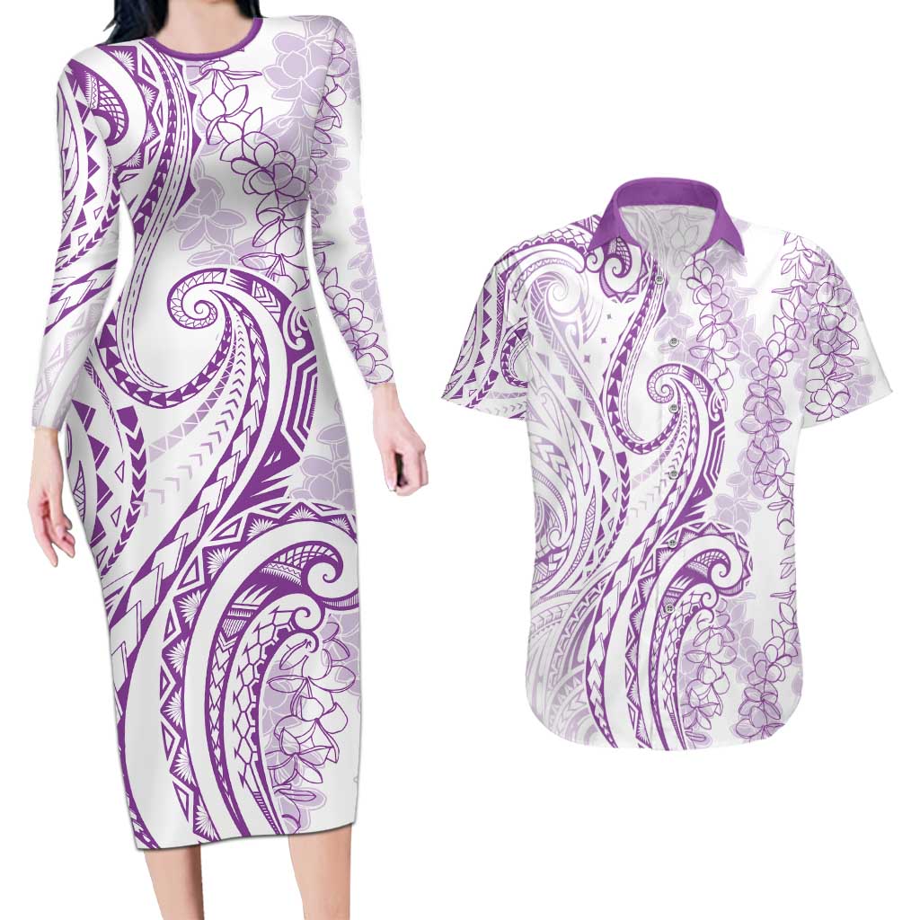 Polynesia Plumeria Lei Couples Matching Long Sleeve Bodycon Dress and Hawaiian Shirt White Violet Curves Motif