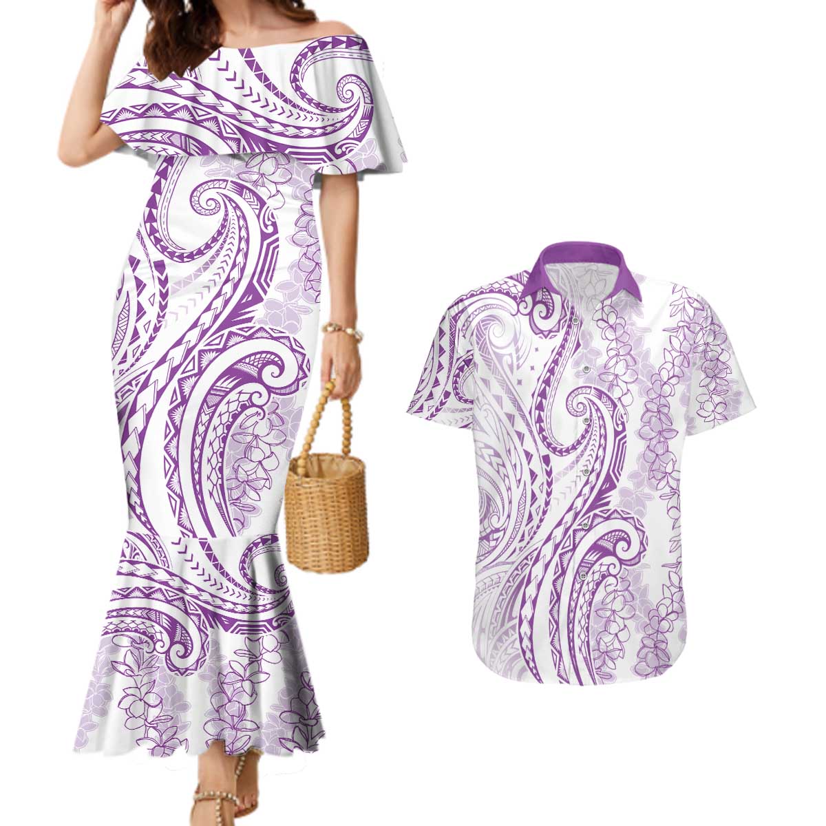 Polynesia Plumeria Lei Couples Matching Mermaid Dress and Hawaiian Shirt White Violet Curves Motif