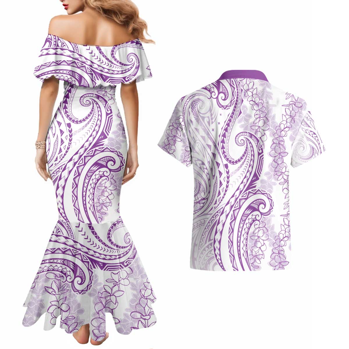 Polynesia Plumeria Lei Couples Matching Mermaid Dress and Hawaiian Shirt White Violet Curves Motif