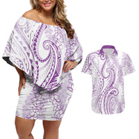 Polynesia Plumeria Lei Couples Matching Off Shoulder Short Dress and Hawaiian Shirt White Violet Curves Motif