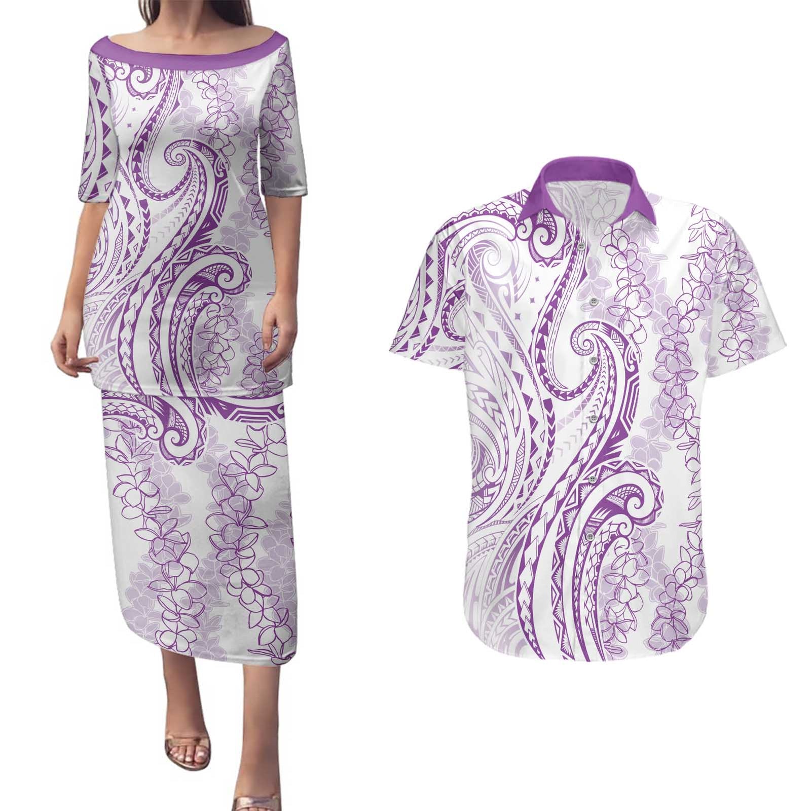 Polynesia Plumeria Lei Couples Matching Puletasi and Hawaiian Shirt White Violet Curves Motif