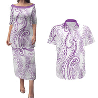 Polynesia Plumeria Lei Couples Matching Puletasi and Hawaiian Shirt White Violet Curves Motif