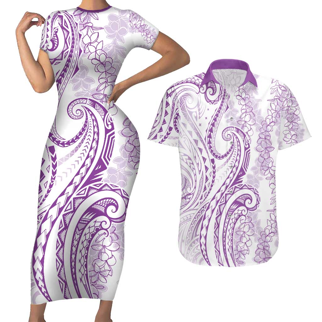 Polynesia Plumeria Lei Couples Matching Short Sleeve Bodycon Dress and Hawaiian Shirt White Violet Curves Motif