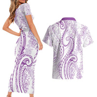 Polynesia Plumeria Lei Couples Matching Short Sleeve Bodycon Dress and Hawaiian Shirt White Violet Curves Motif