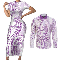 Polynesia Plumeria Lei Couples Matching Short Sleeve Bodycon Dress and Long Sleeve Button Shirt White Violet Curves Motif