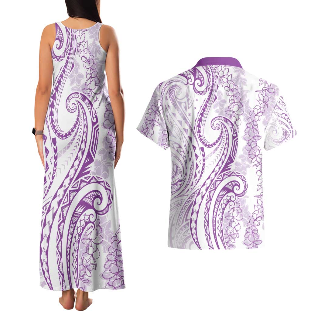Polynesia Plumeria Lei Couples Matching Tank Maxi Dress and Hawaiian Shirt White Violet Curves Motif
