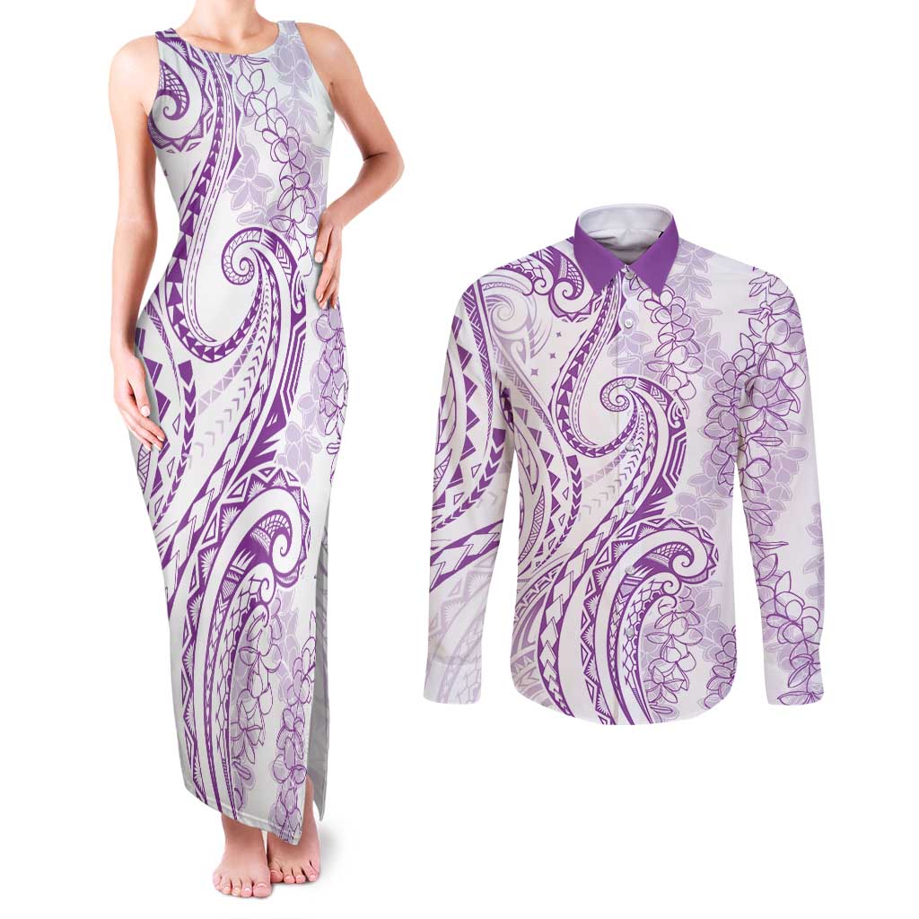 Polynesia Plumeria Lei Couples Matching Tank Maxi Dress and Long Sleeve Button Shirt White Violet Curves Motif