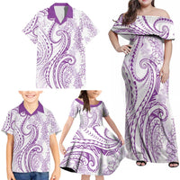 Polynesia Plumeria Lei Family Matching Off Shoulder Maxi Dress and Hawaiian Shirt White Violet Curves Motif