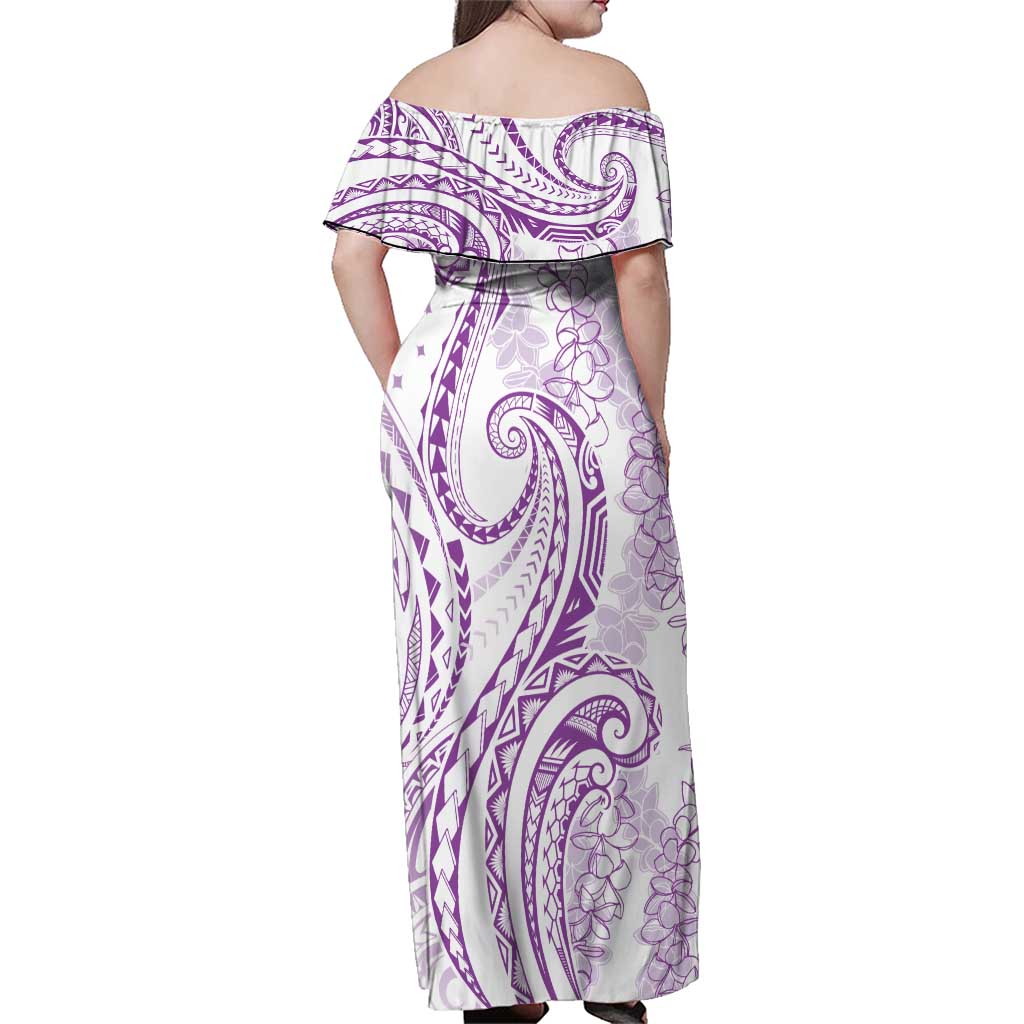 Polynesia Plumeria Lei Family Matching Off Shoulder Maxi Dress and Hawaiian Shirt White Violet Curves Motif