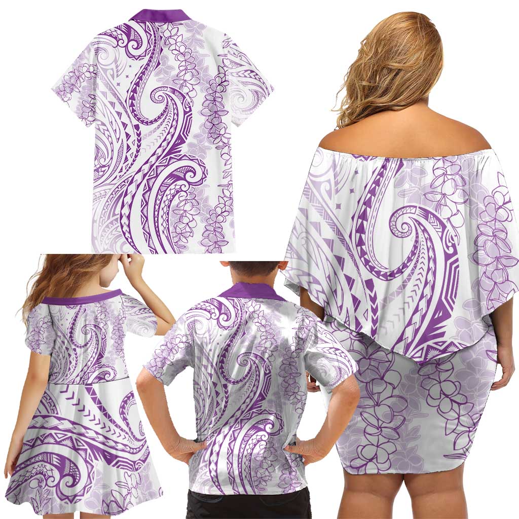 Polynesia Plumeria Lei Family Matching Off Shoulder Short Dress and Hawaiian Shirt White Violet Curves Motif