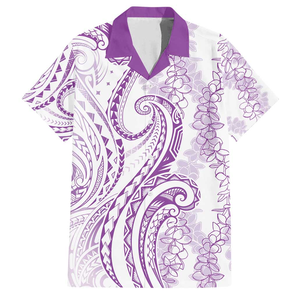 Polynesia Plumeria Lei Family Matching Off Shoulder Short Dress and Hawaiian Shirt White Violet Curves Motif