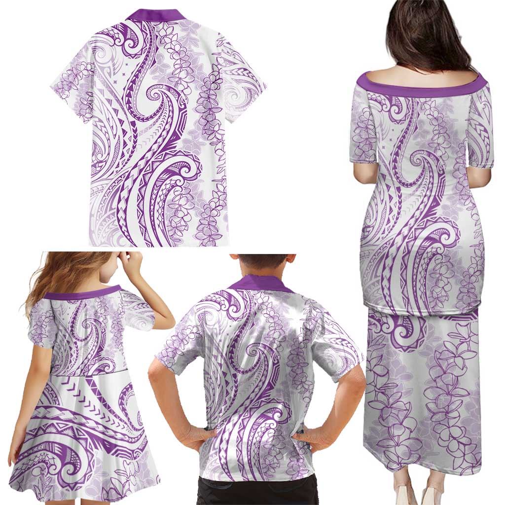 Polynesia Plumeria Lei Family Matching Puletasi and Hawaiian Shirt White Violet Curves Motif