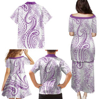 Polynesia Plumeria Lei Family Matching Puletasi and Hawaiian Shirt White Violet Curves Motif