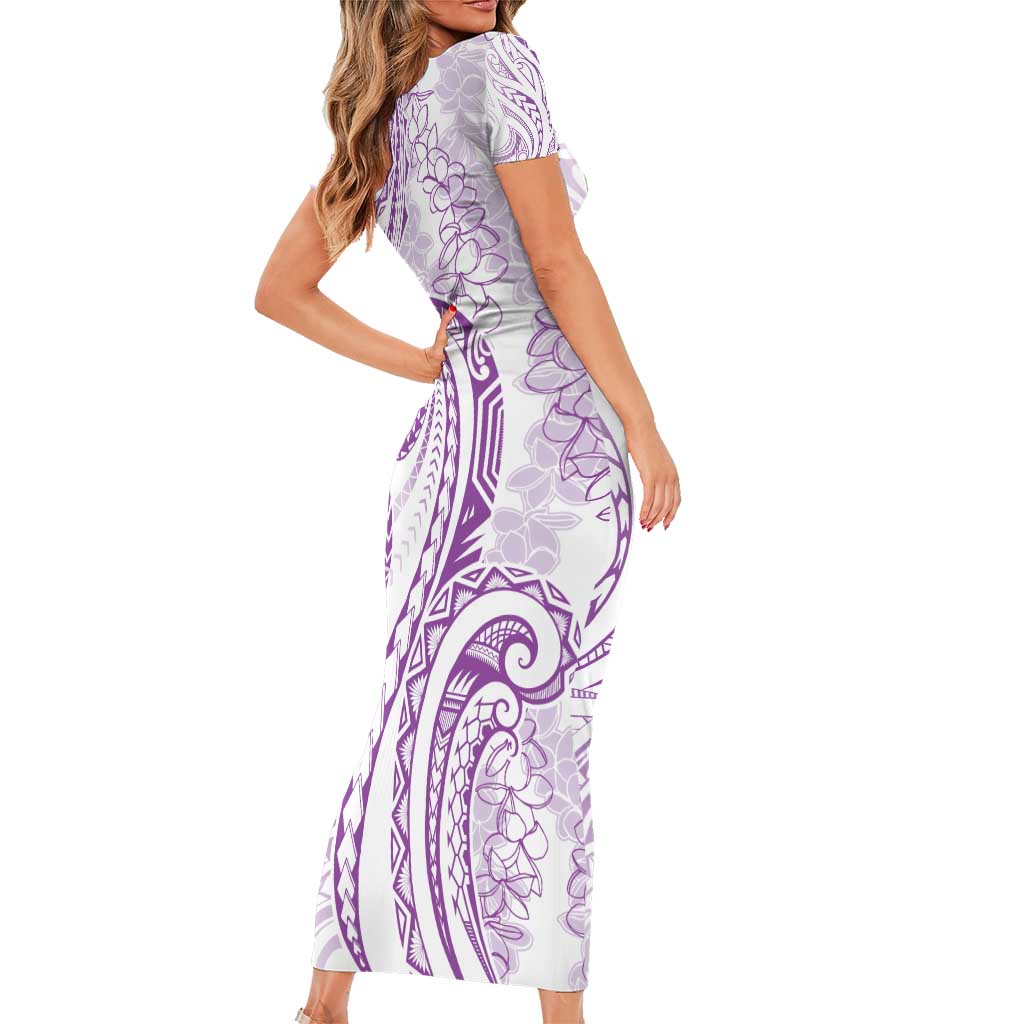 Polynesia Plumeria Lei Family Matching Short Sleeve Bodycon Dress and Hawaiian Shirt White Violet Curves Motif