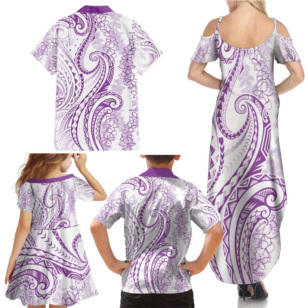 Polynesia Plumeria Lei Family Matching Summer Maxi Dress and Hawaiian Shirt White Violet Curves Motif