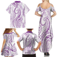 Polynesia Plumeria Lei Family Matching Summer Maxi Dress and Hawaiian Shirt White Violet Curves Motif