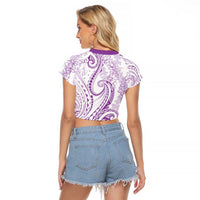 Polynesia Plumeria Lei Raglan Cropped T Shirt White Violet Curves Motif LT7 - Polynesian Pride
