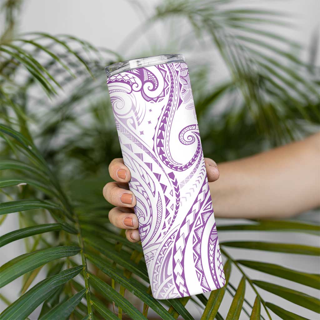 Polynesia Plumeria Lei Skinny Tumbler White Violet Curves Motif