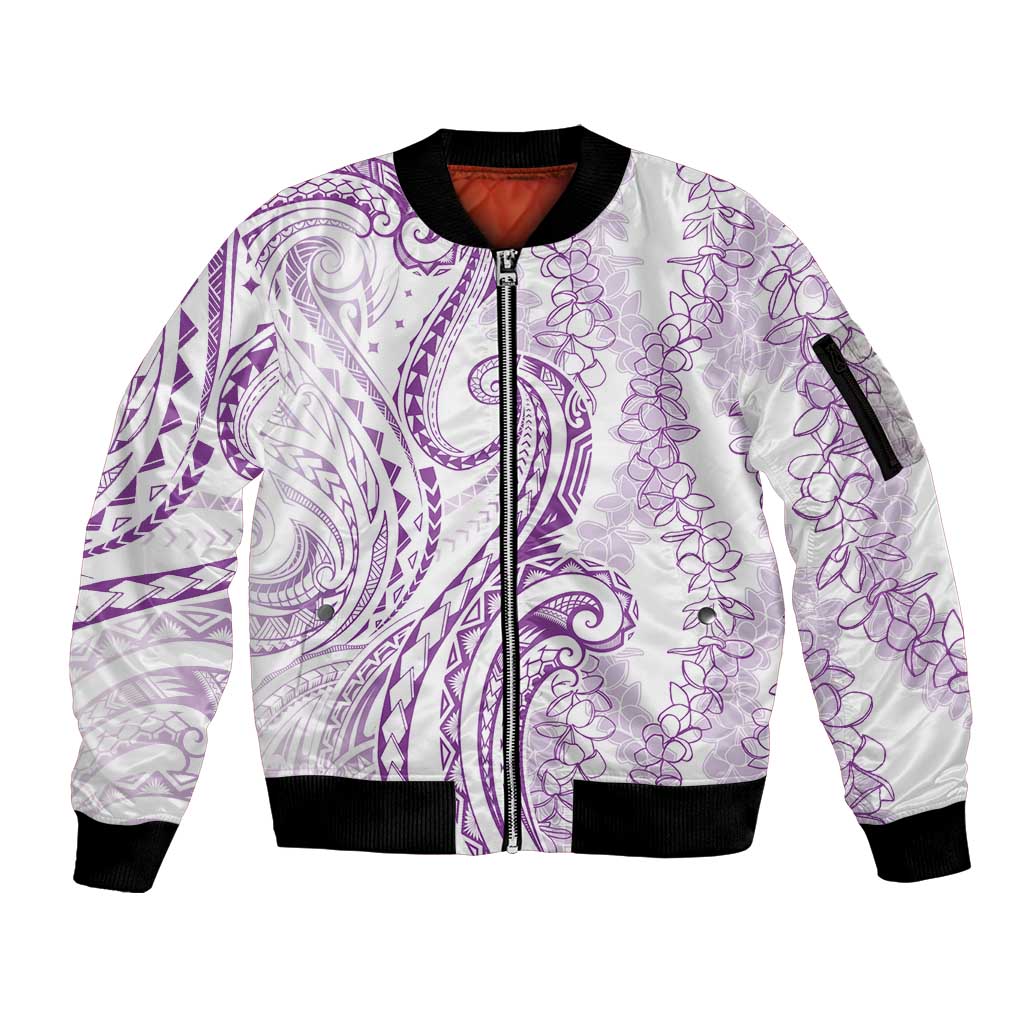 Polynesia Plumeria Lei Sleeve Zip Bomber Jacket White Violet Curves Motif