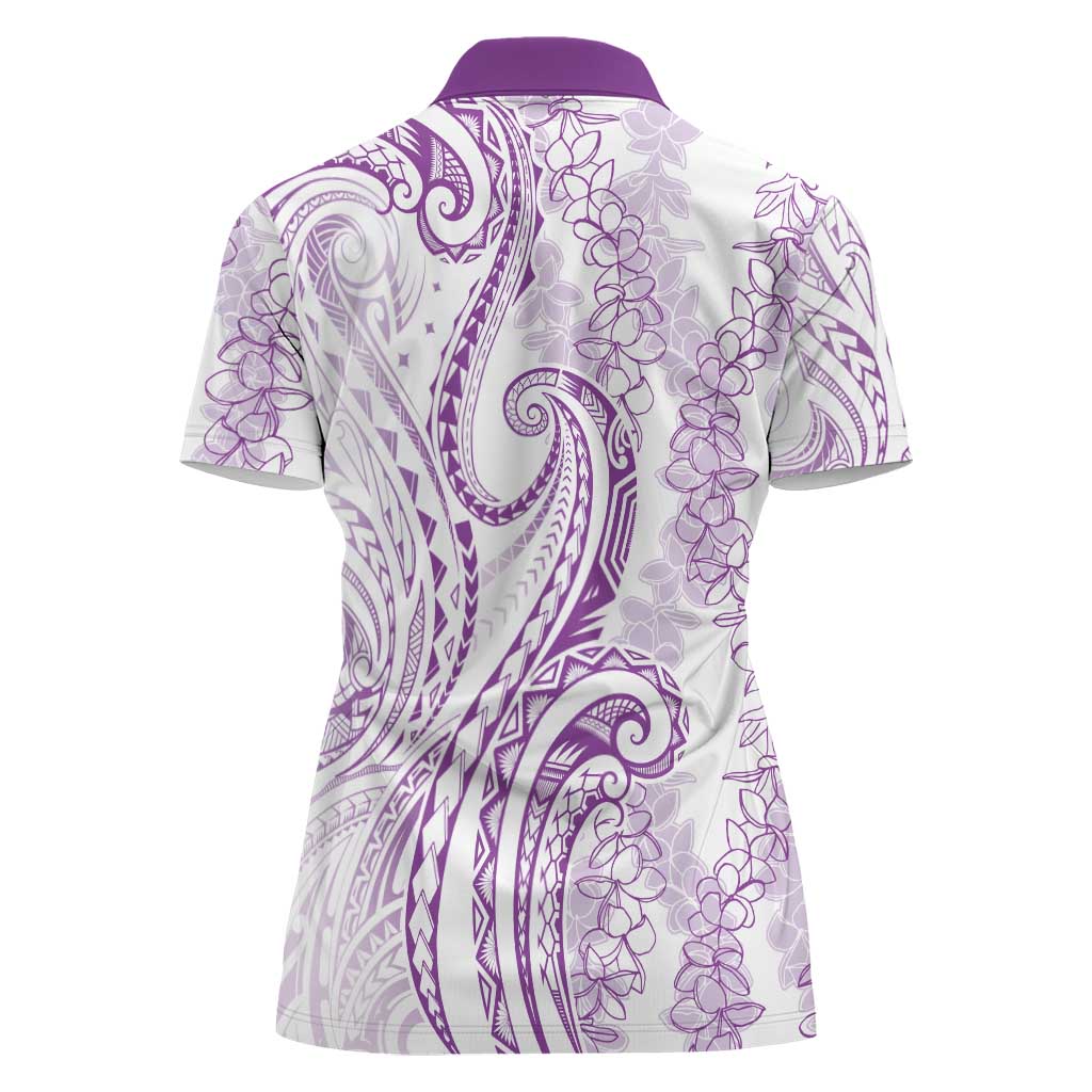 Polynesia Plumeria Lei Women Polo Shirt White Violet Curves Motif