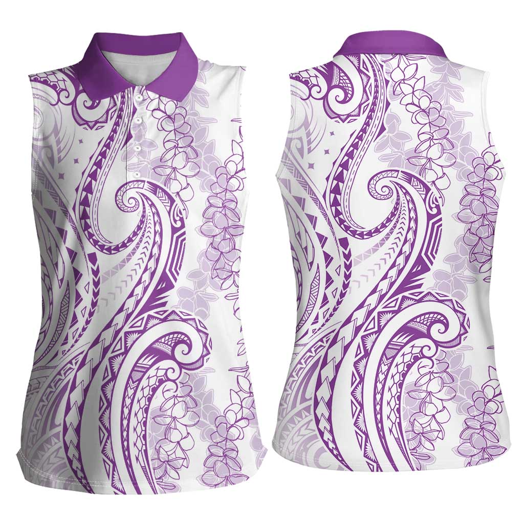 Polynesia Plumeria Lei Women Sleeveless Polo Shirt White Violet Curves Motif LT7 - Polynesian Pride