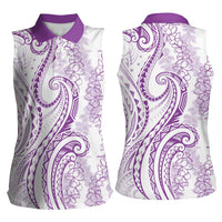 Polynesia Plumeria Lei Women Sleeveless Polo Shirt White Violet Curves Motif LT7 - Polynesian Pride