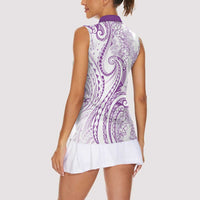 Polynesia Plumeria Lei Women Sleeveless Polo Shirt White Violet Curves Motif LT7 - Polynesian Pride